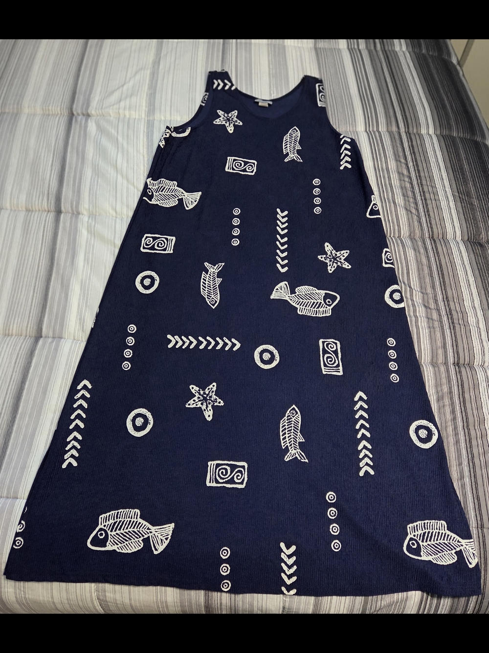 Vintage 90's Fashion Code USA Navy Blue Maxi Dress Fish Starfish Nautical Print